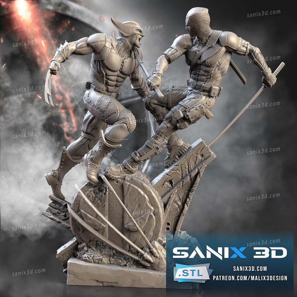 3D Printed Deadpool vs Wolverine Inspired Fan Art - 3D Handmade Statue