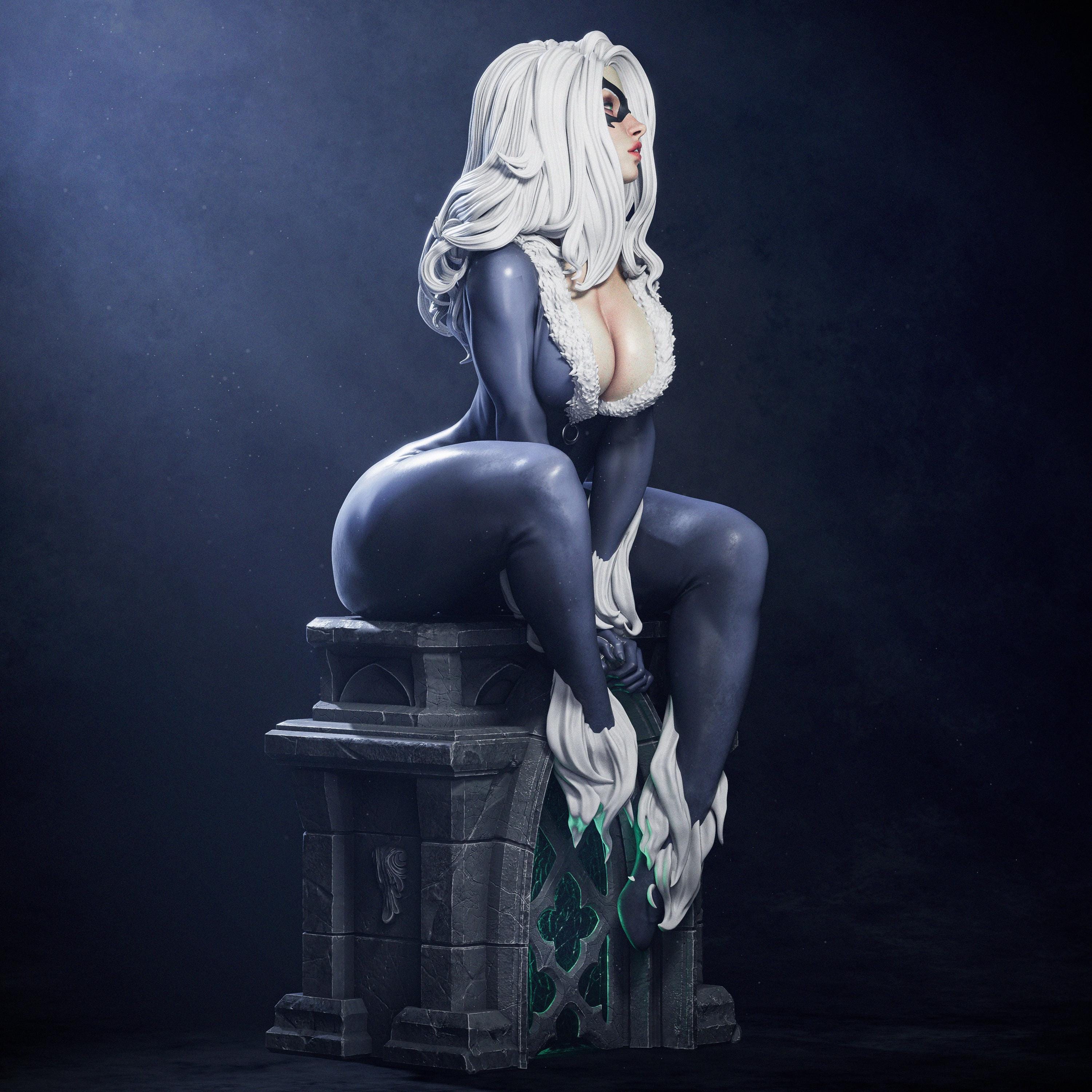 3D Printed Black Cat Woman Fan Art - Handmade Statue - Resin Diorama - Painted Figure
