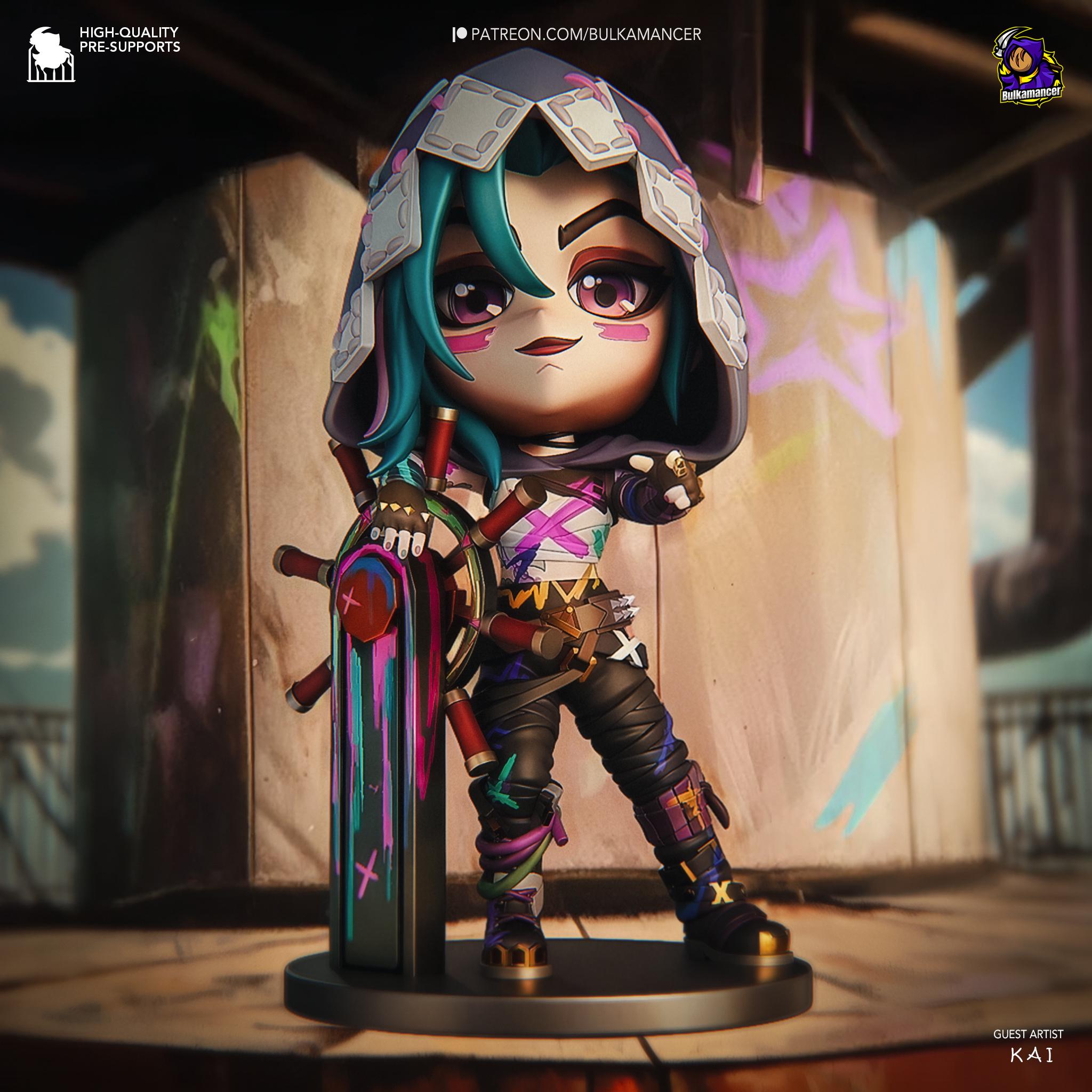 Hand-Painted Jinx Chibi Statue: LoL Inspired 3D Model