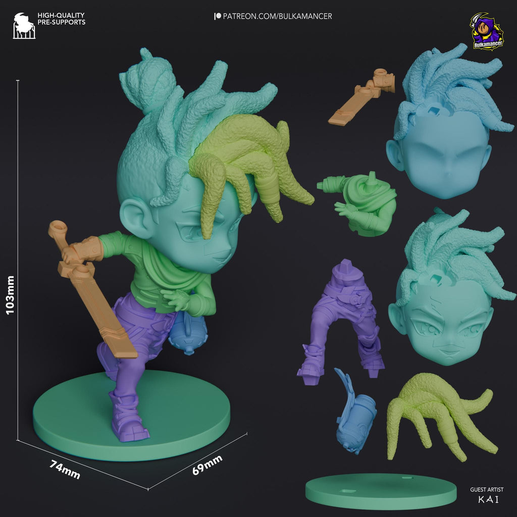 Hand-Painted Ekko Chibi Statue: LoL Inspired 3D Model