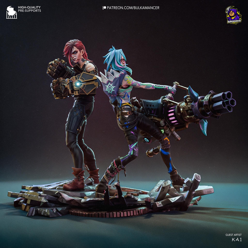 Hand-Painted Vi & Jinx Diorama: 3D Printed LoL Statue