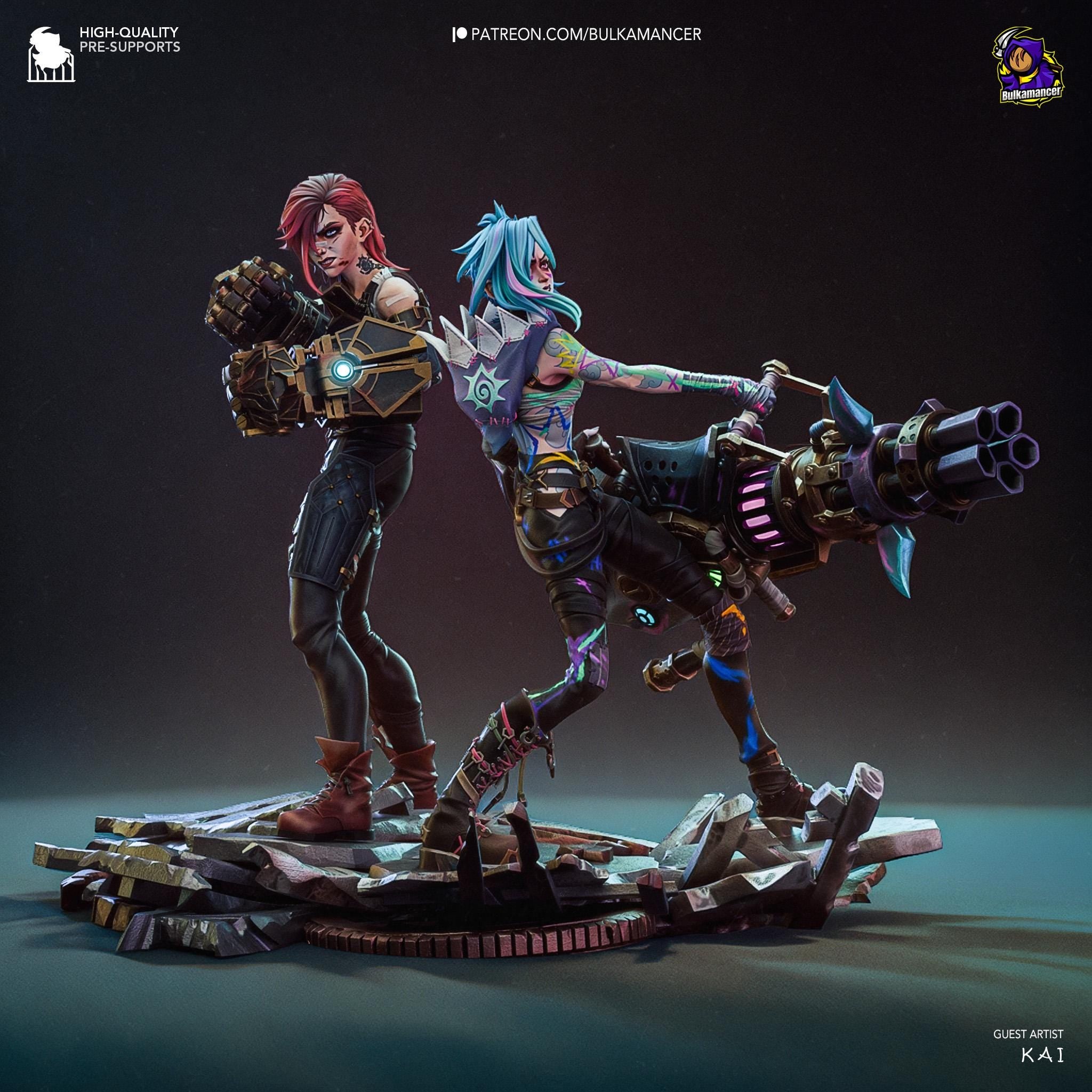 Hand-Painted Vi & Jinx Diorama: 3D Printed LoL Statue