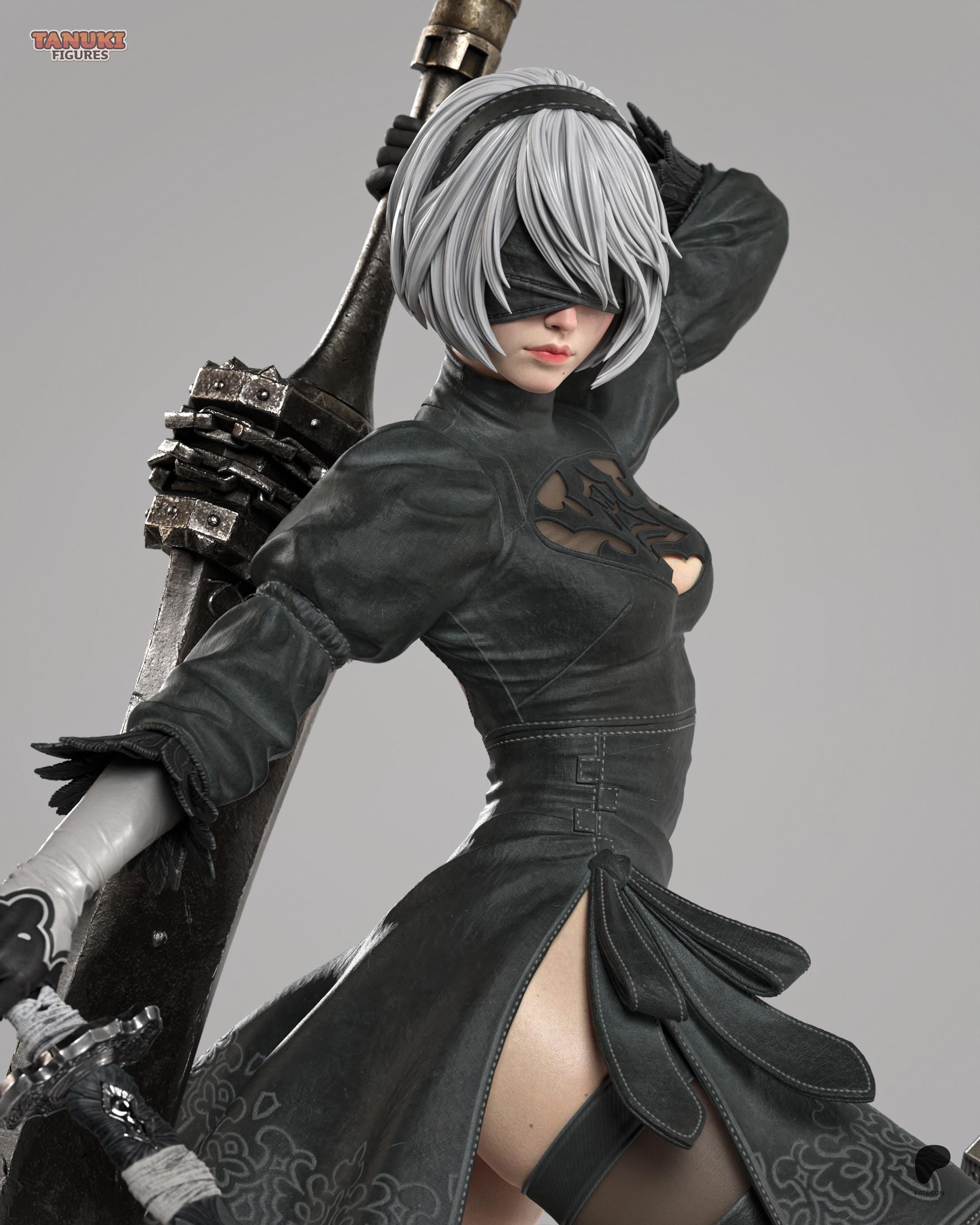 Hand-Painted 2B Android Warrior Statue: Anime Figure with Sword