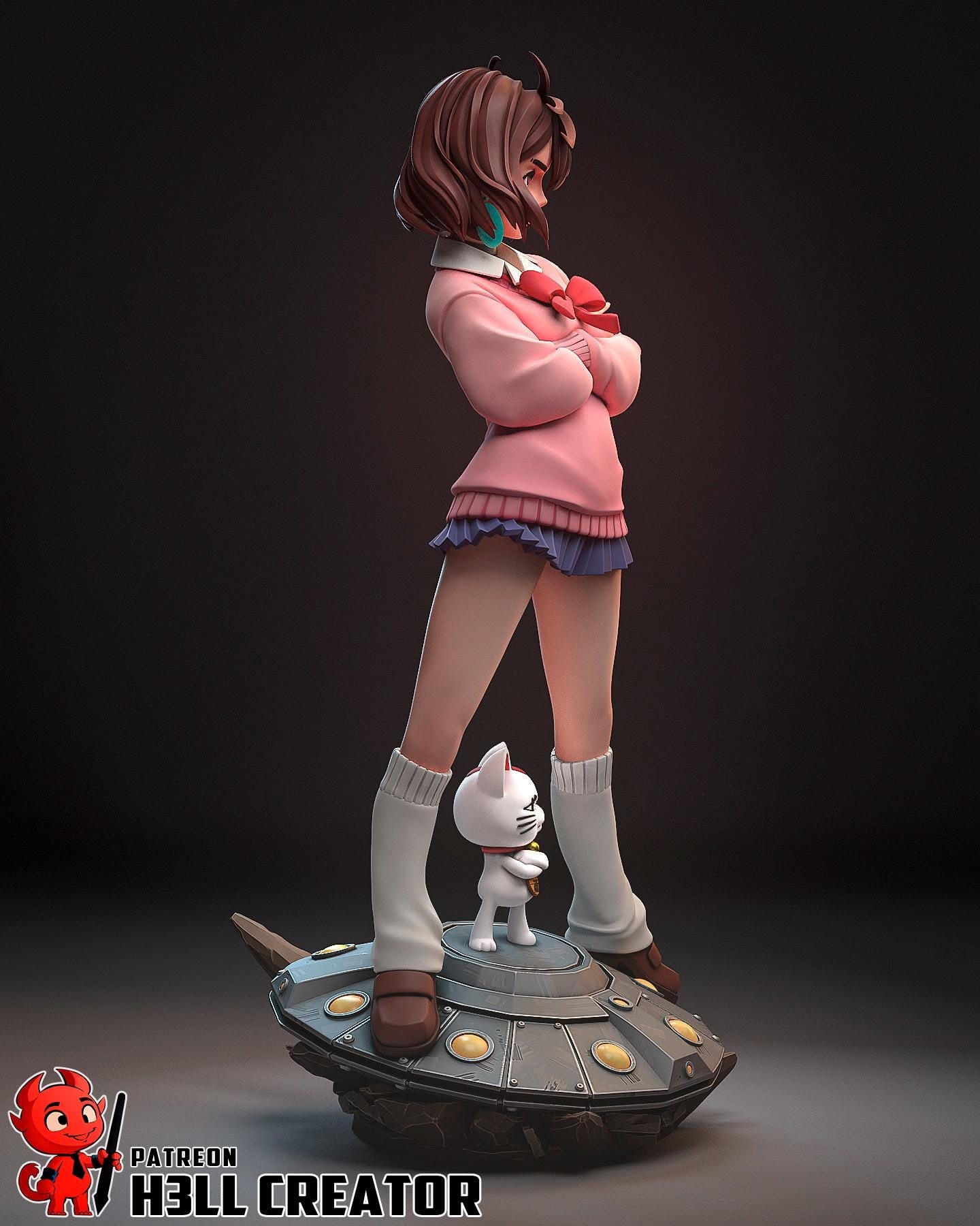 Anime Girl Diorama Statue / Momo Inspired Statue with Cat / Fan-Made Collectible Figure