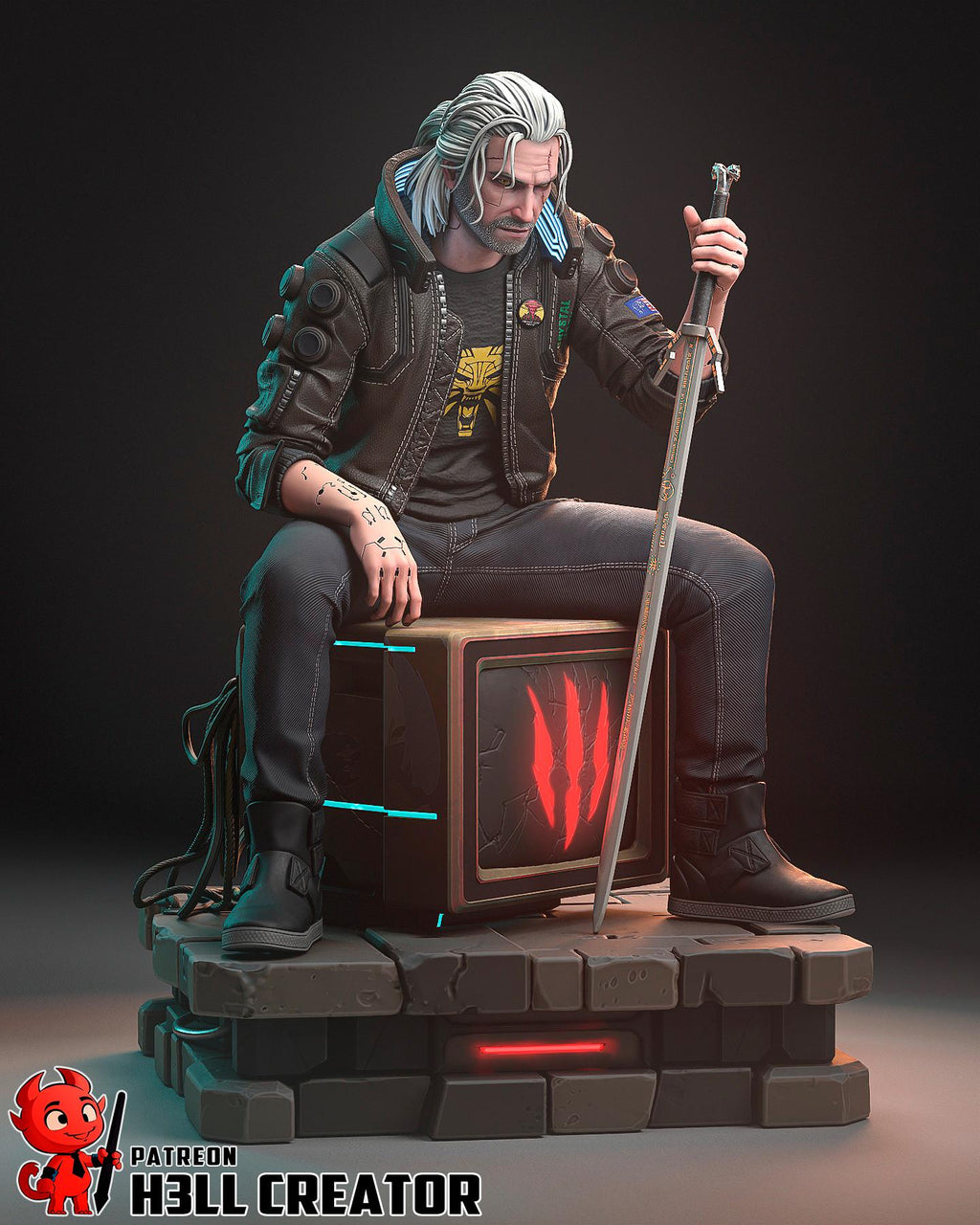 Geralt Cyberpunk Style Figure / Hand Painted & Unpainted Collectible Statue / Resin Art Figurine