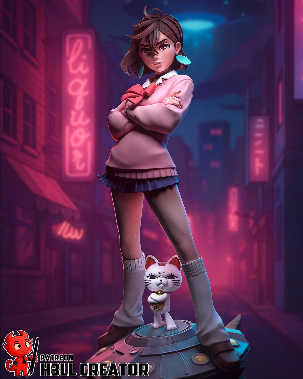 Anime Girl Diorama Statue / Momo Inspired Statue with Cat / Fan-Made Collectible Figure