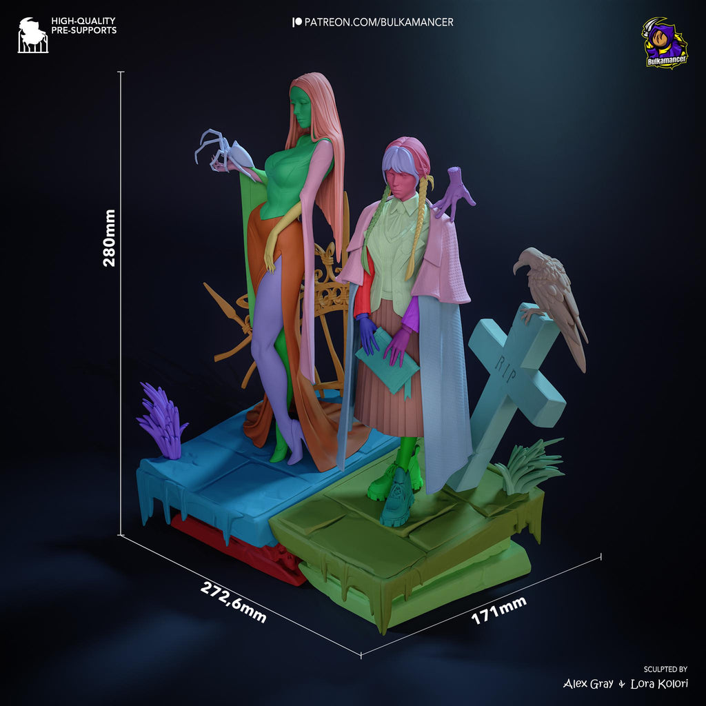 Morticia & Wednesday Diorama: Hand-Painted Gothic Resin Collectible