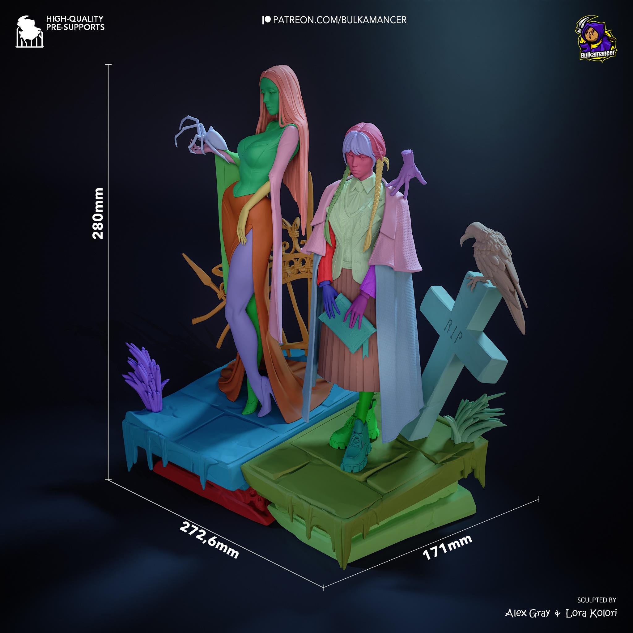 Morticia & Wednesday Diorama: Hand-Painted Gothic Resin Collectible