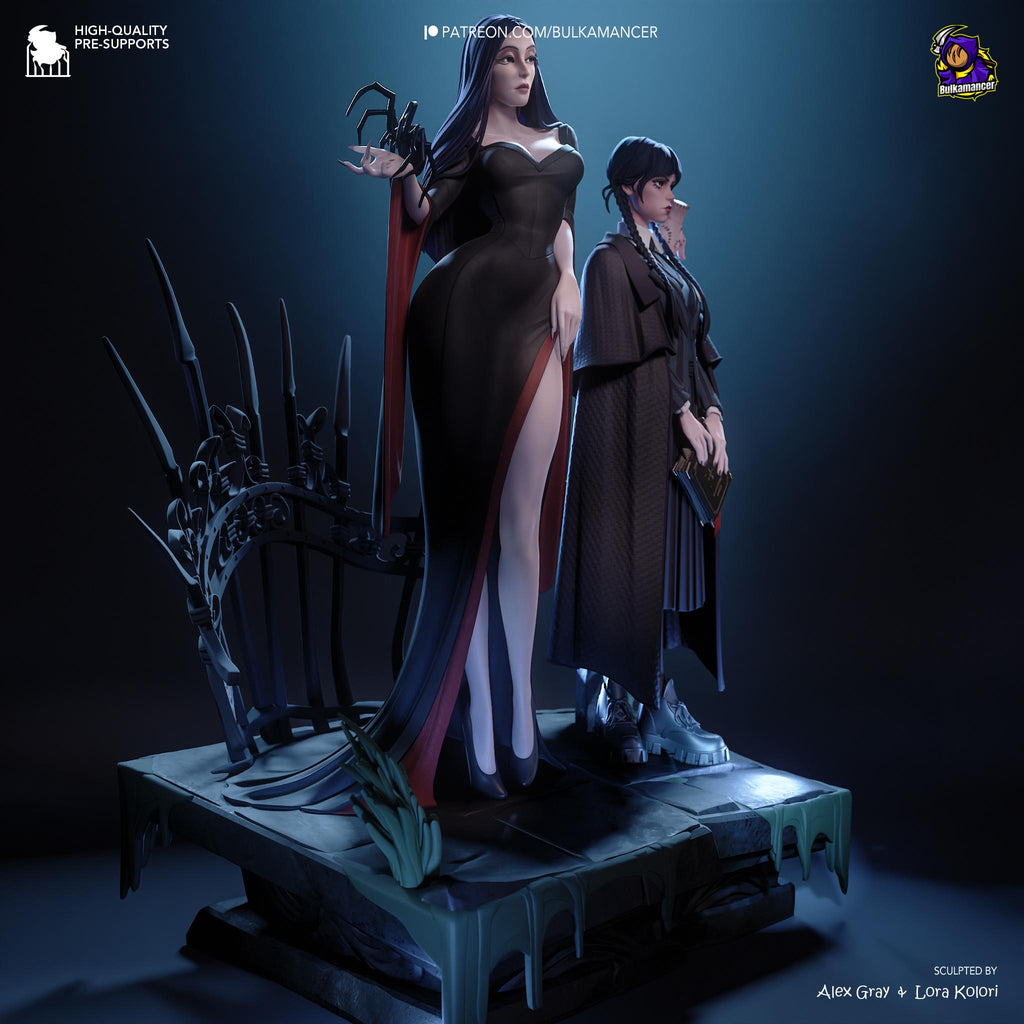 Morticia & Wednesday Diorama: Hand-Painted Gothic Resin Collectible