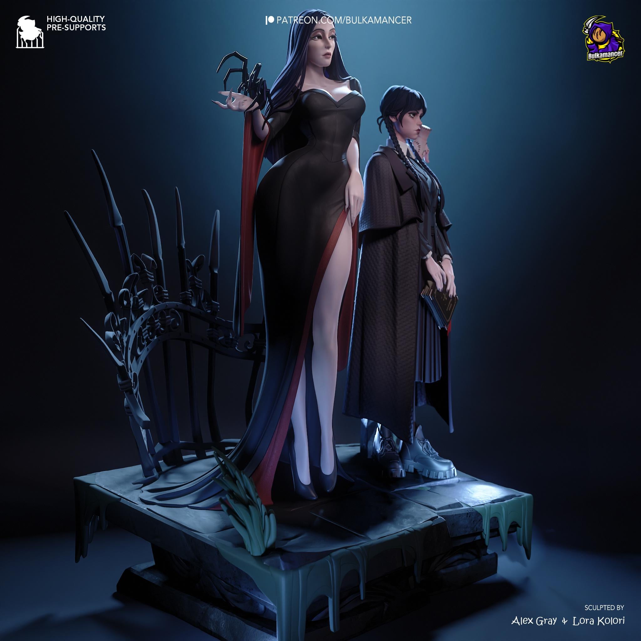 Morticia & Wednesday Diorama: Hand-Painted Gothic Resin Collectible