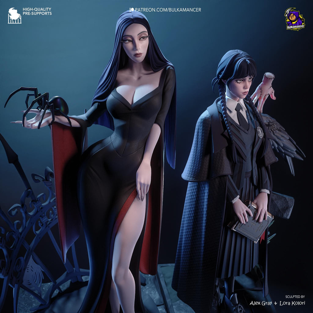 Morticia & Wednesday Diorama: Hand-Painted Gothic Resin Collectible