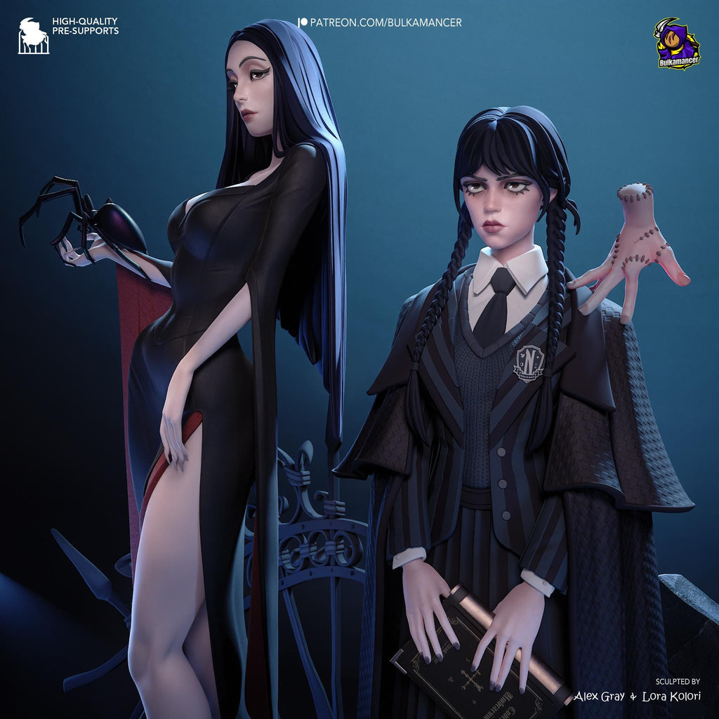 Morticia & Wednesday Diorama: Hand-Painted Gothic Resin Collectible