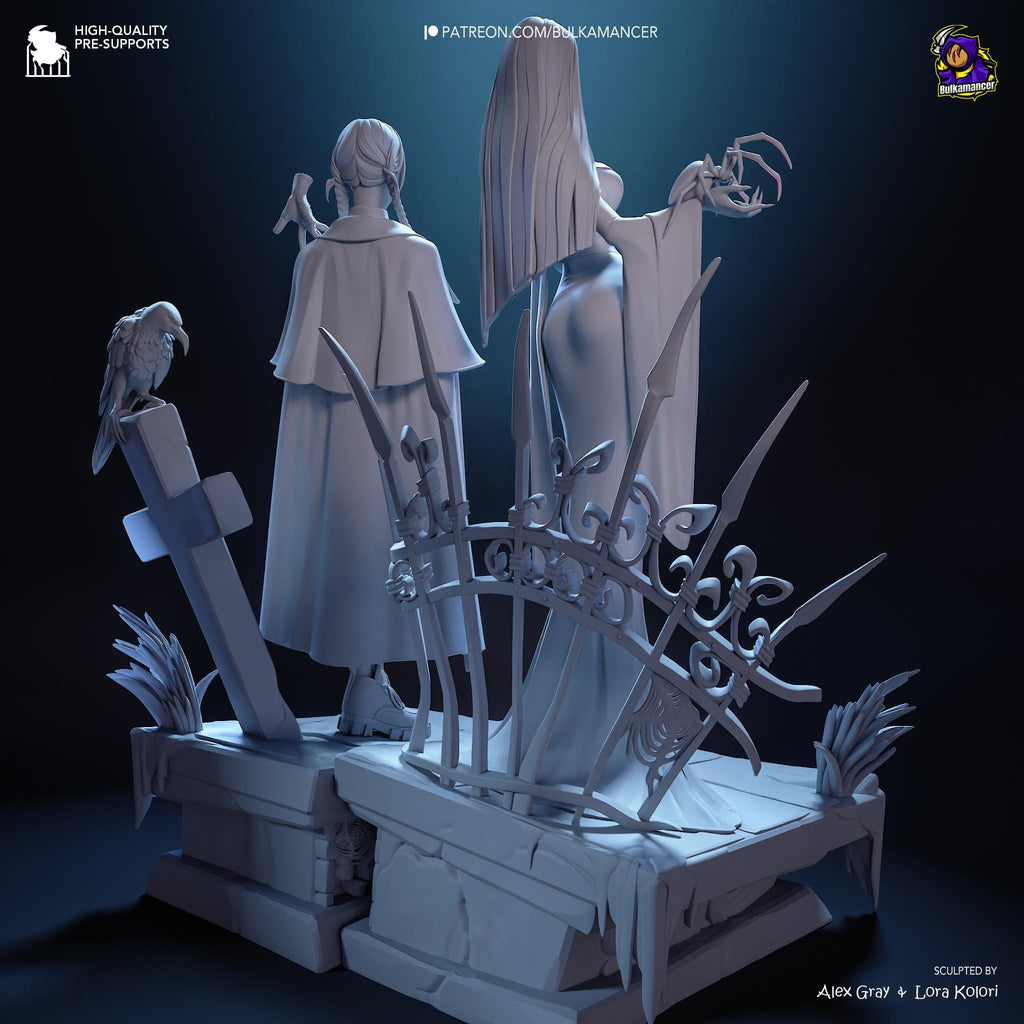Morticia & Wednesday Diorama: Hand-Painted Gothic Resin Collectible