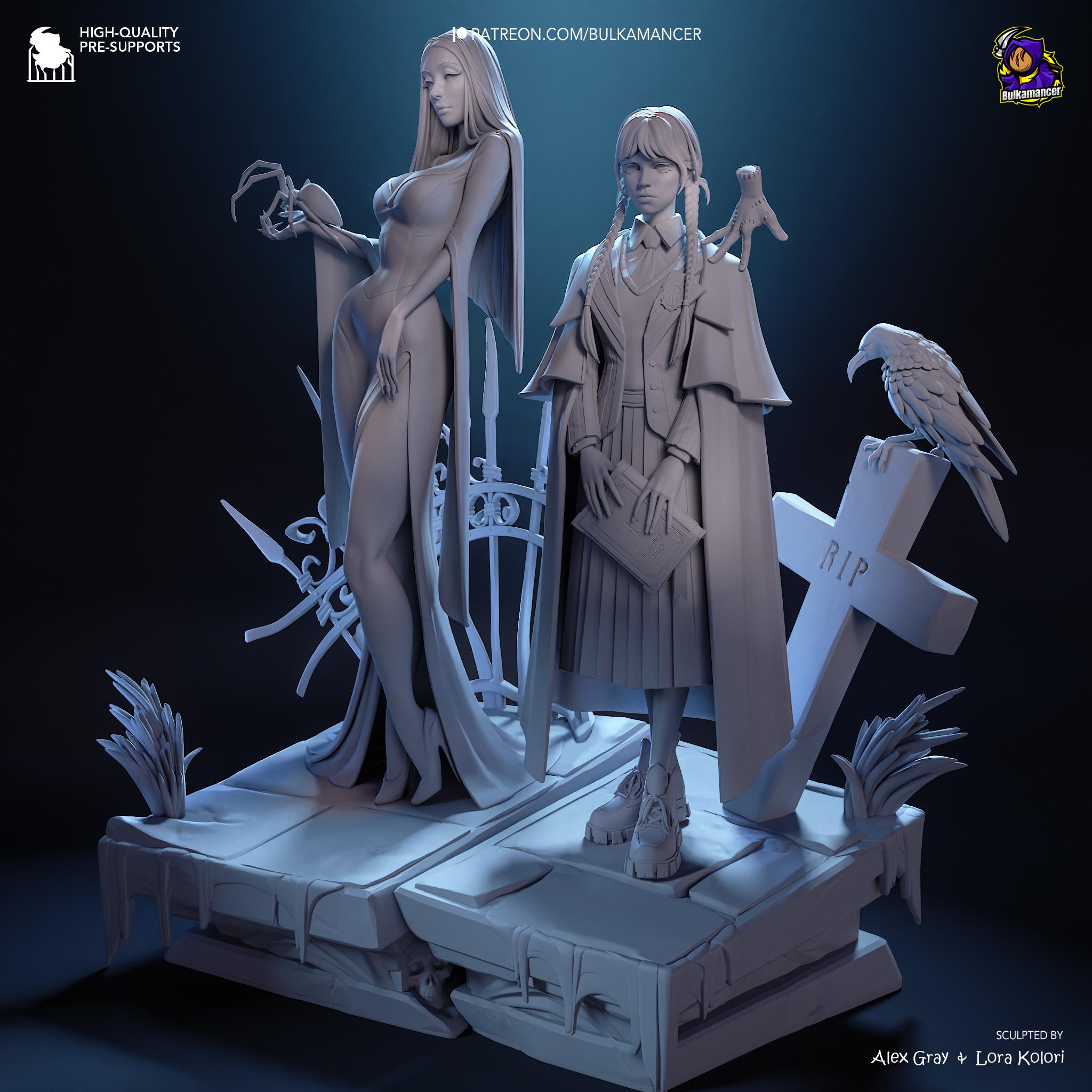 Morticia & Wednesday Diorama: Hand-Painted Gothic Resin Collectible