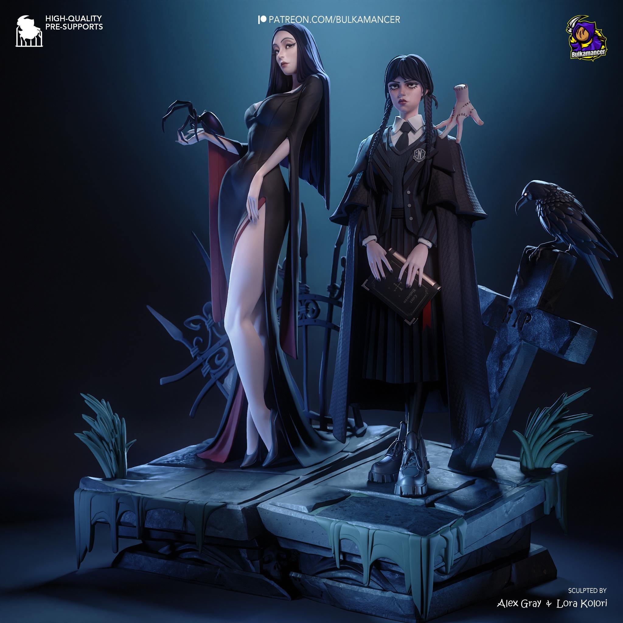 Morticia & Wednesday Diorama: Hand-Painted Gothic Resin Collectible