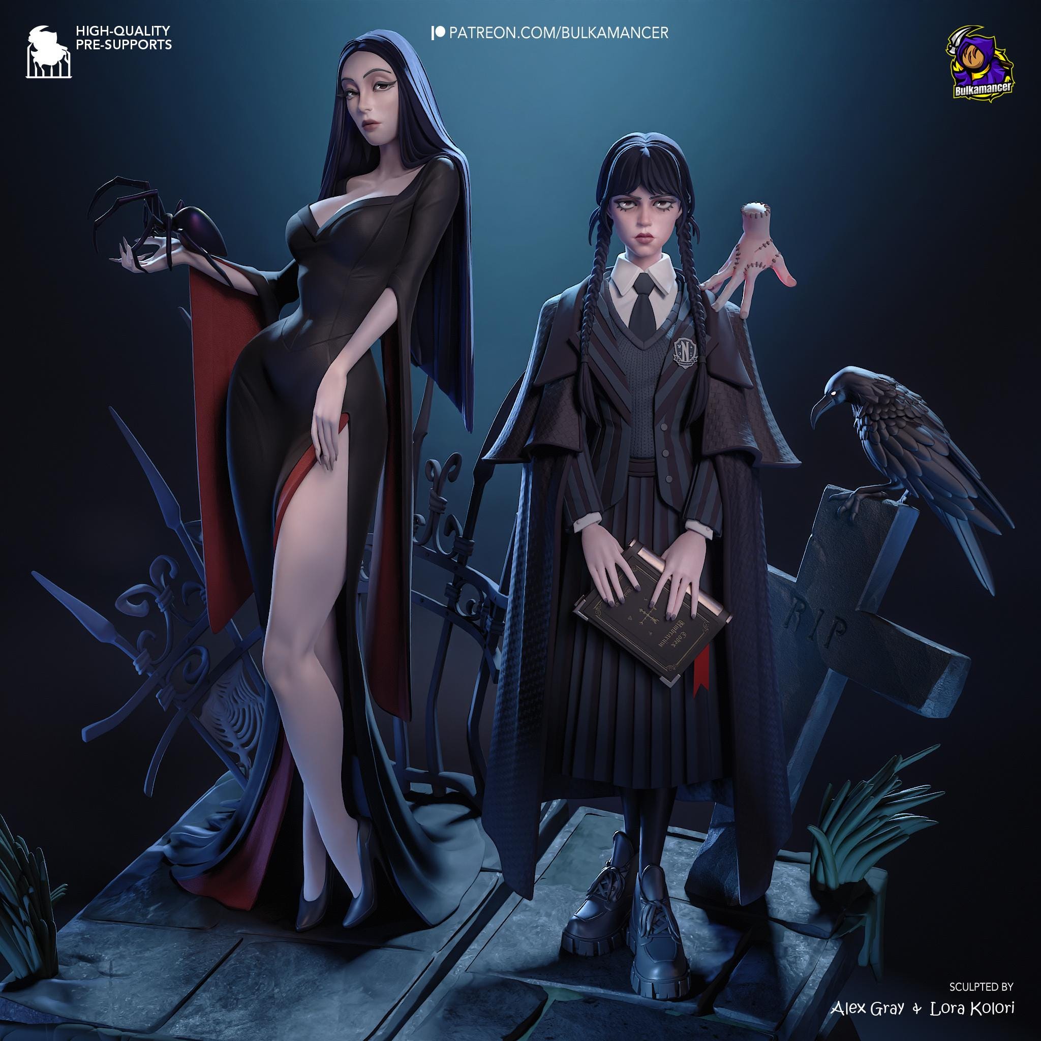 Morticia & Wednesday Diorama: Hand-Painted Gothic Resin Collectible
