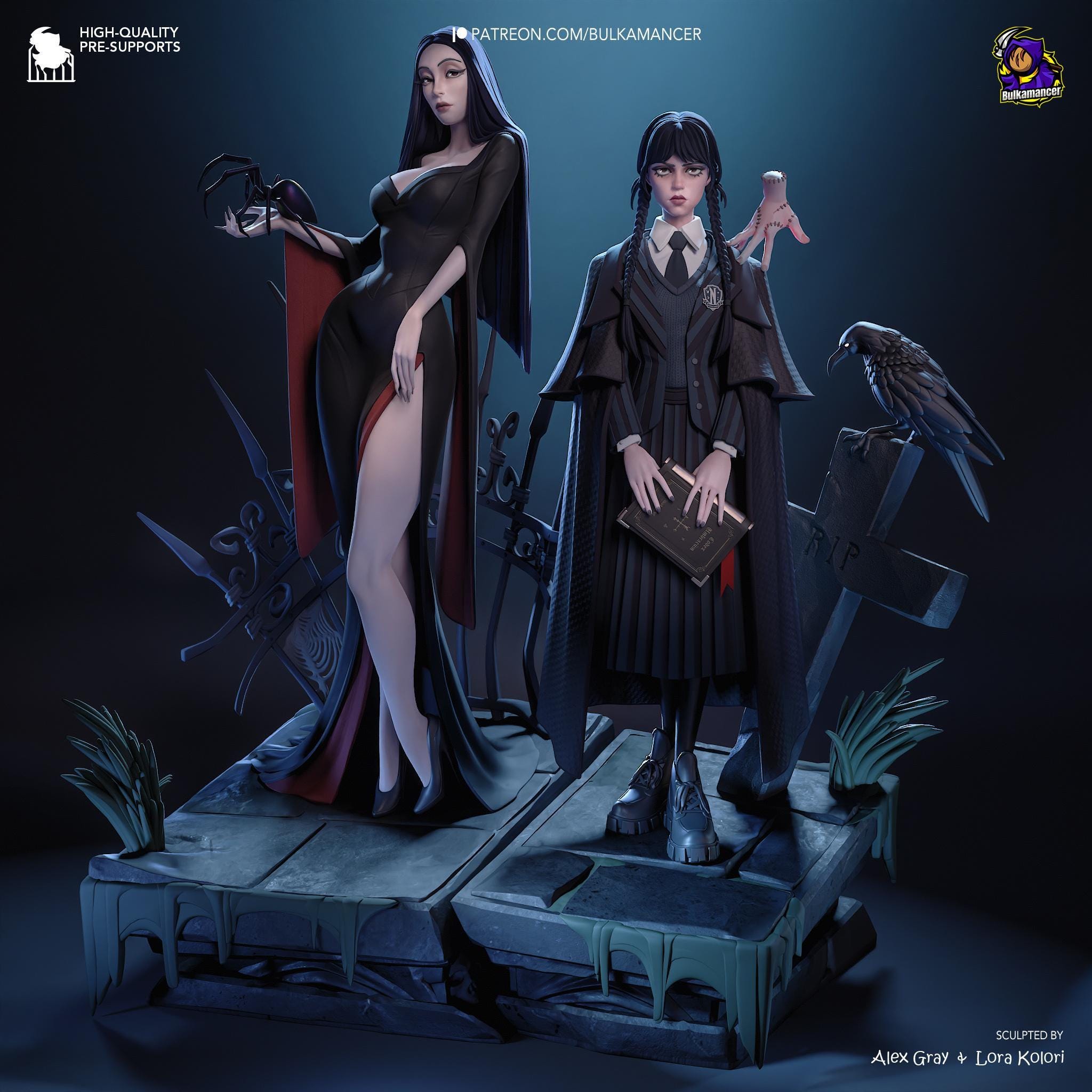 Morticia & Wednesday Diorama: Hand-Painted Gothic Resin Collectible