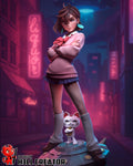 Anime Girl Diorama Statue / Momo Inspired Statue with Cat / Fan-Made Collectible Figure