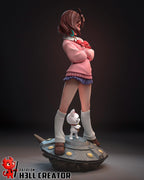 Anime Girl Diorama Statue / Momo Inspired Statue with Cat / Fan-Made Collectible Figure