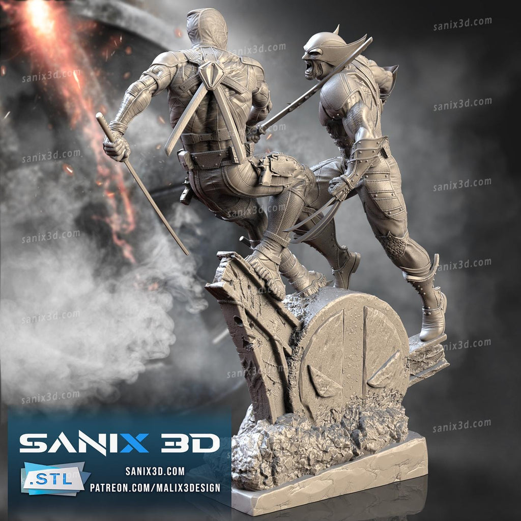 3D Printed Deadpool vs Wolverine Inspired Fan Art - 3D Handmade Statue