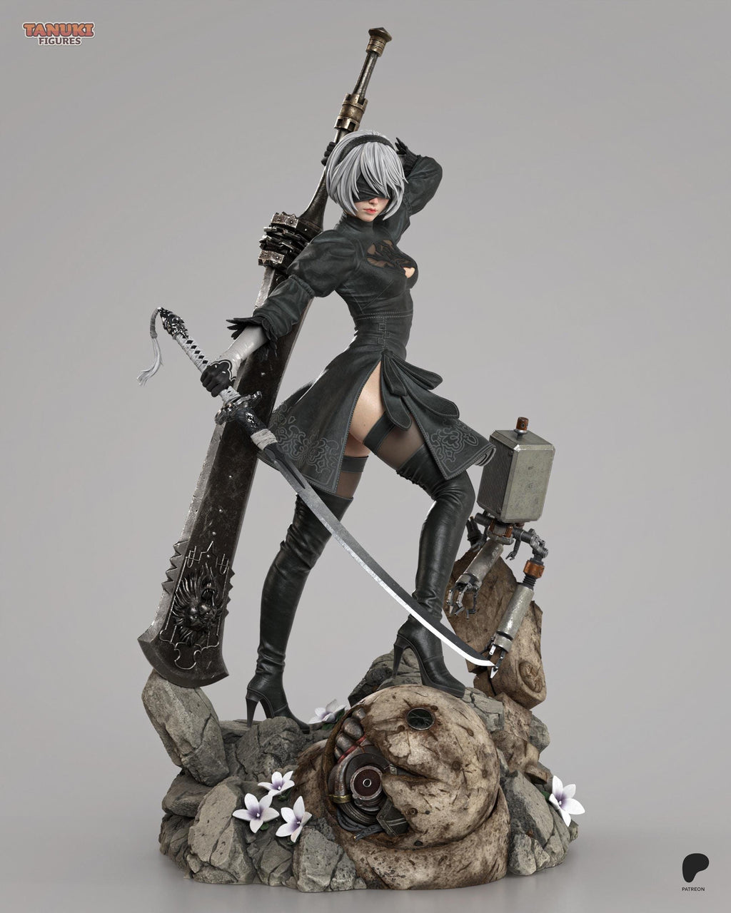Hand-Painted 2B Android Warrior Statue: Anime Figure with Sword