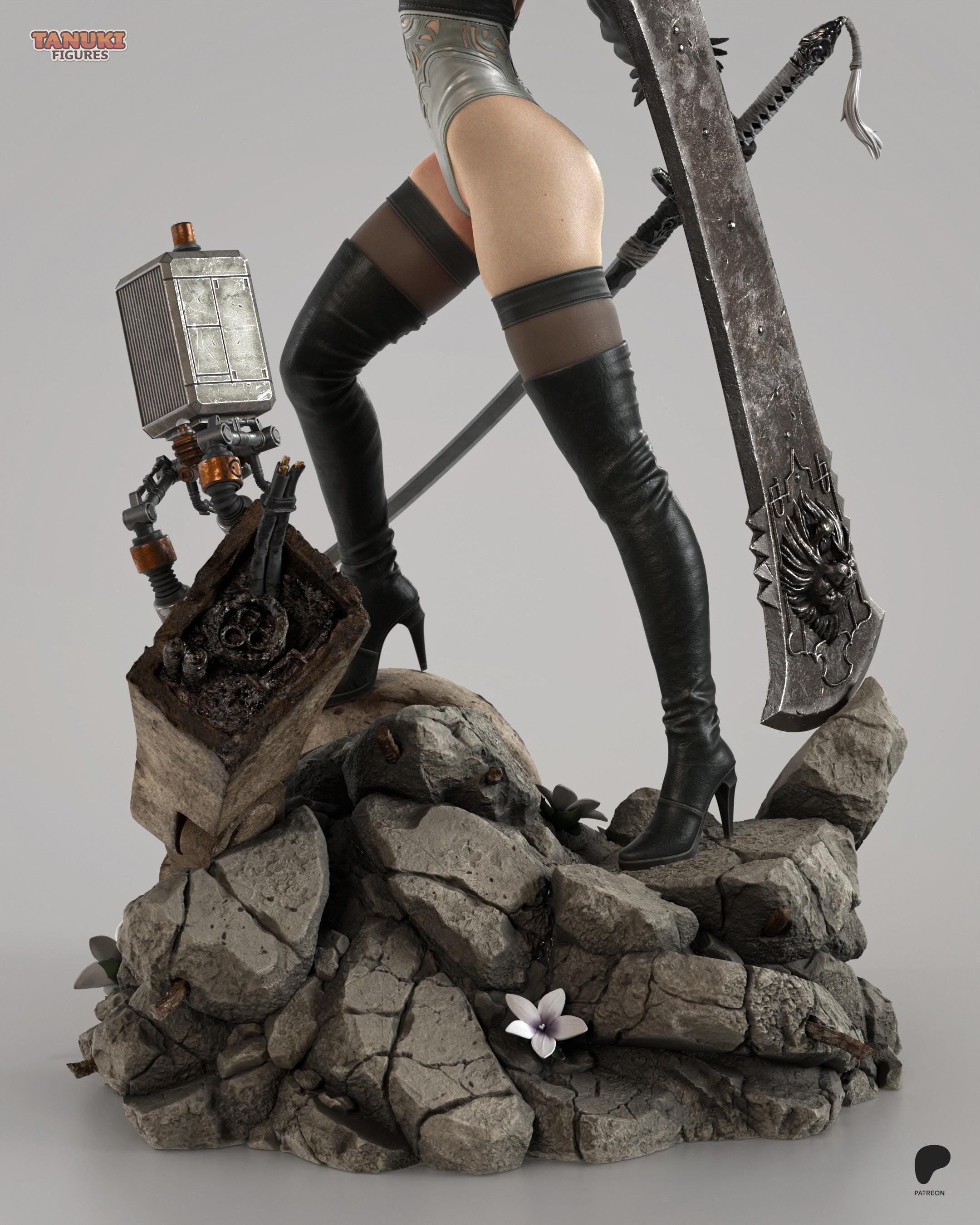 Hand-Painted 2B Android Warrior Statue: Anime Figure with Sword