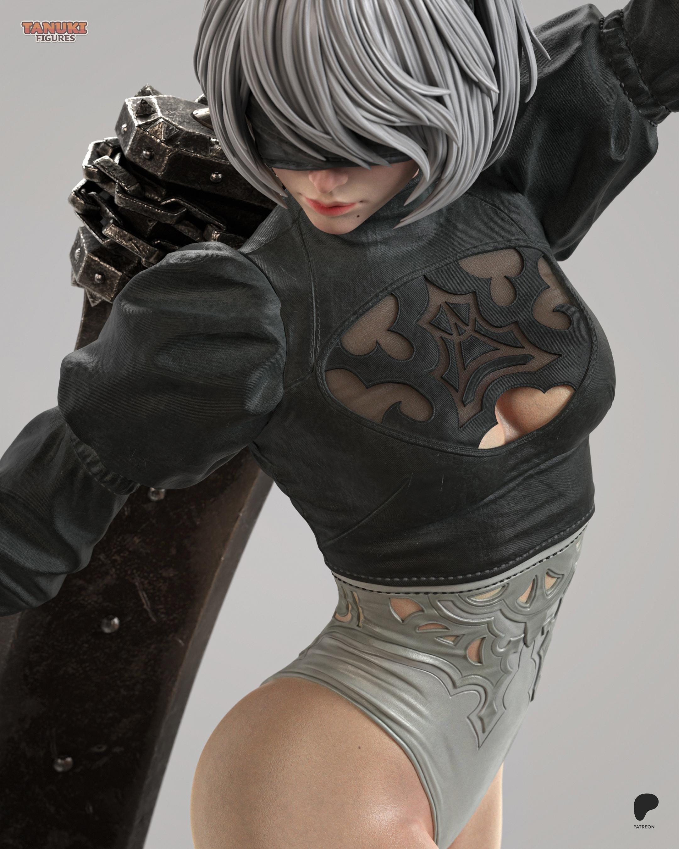 Hand-Painted 2B Android Warrior Statue: Anime Figure with Sword