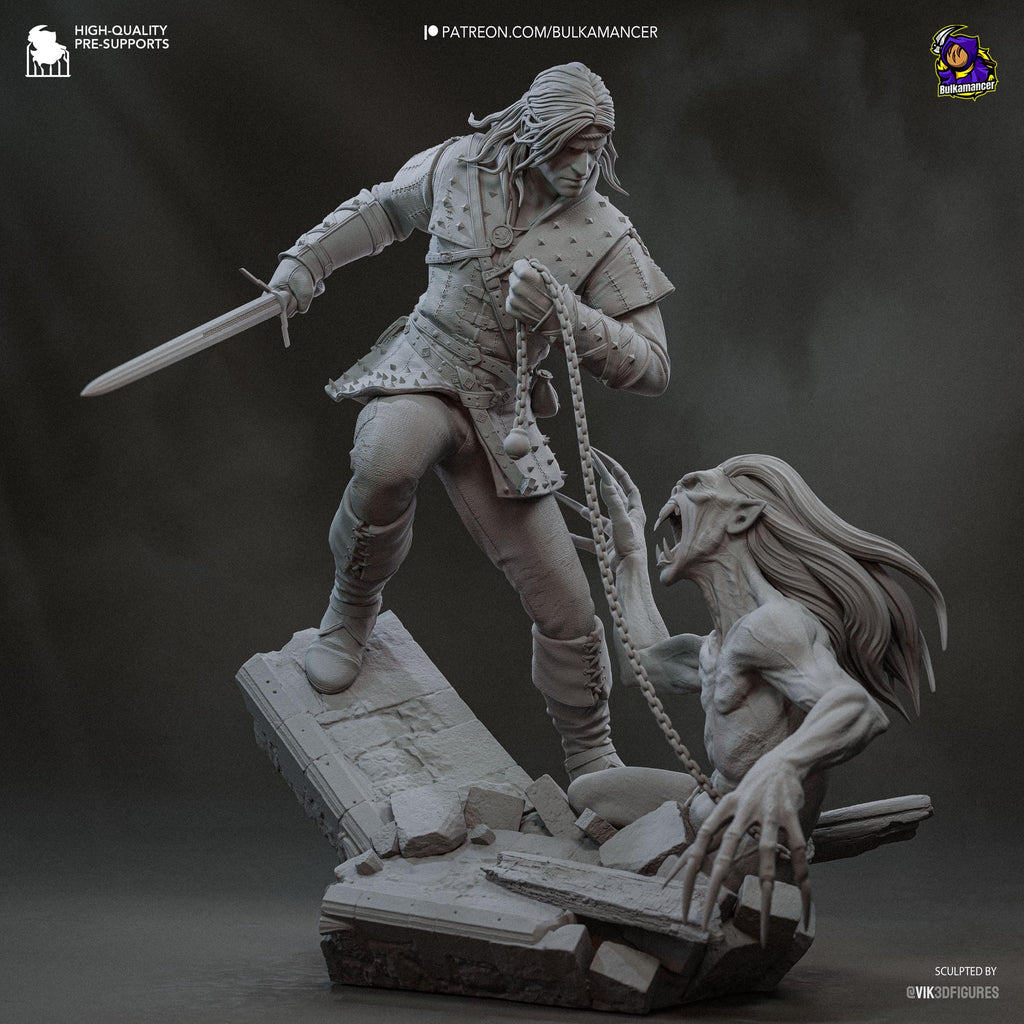 Diorama de escena de batalla inspirado en The Witcher Hunter | Estatua de fantasía pintada a mano | Maqueta de resina de coleccionista
