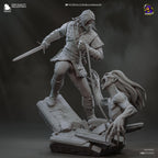 Diorama de escena de batalla inspirado en The Witcher Hunter | Estatua de fantasía pintada a mano | Maqueta de resina de coleccionista