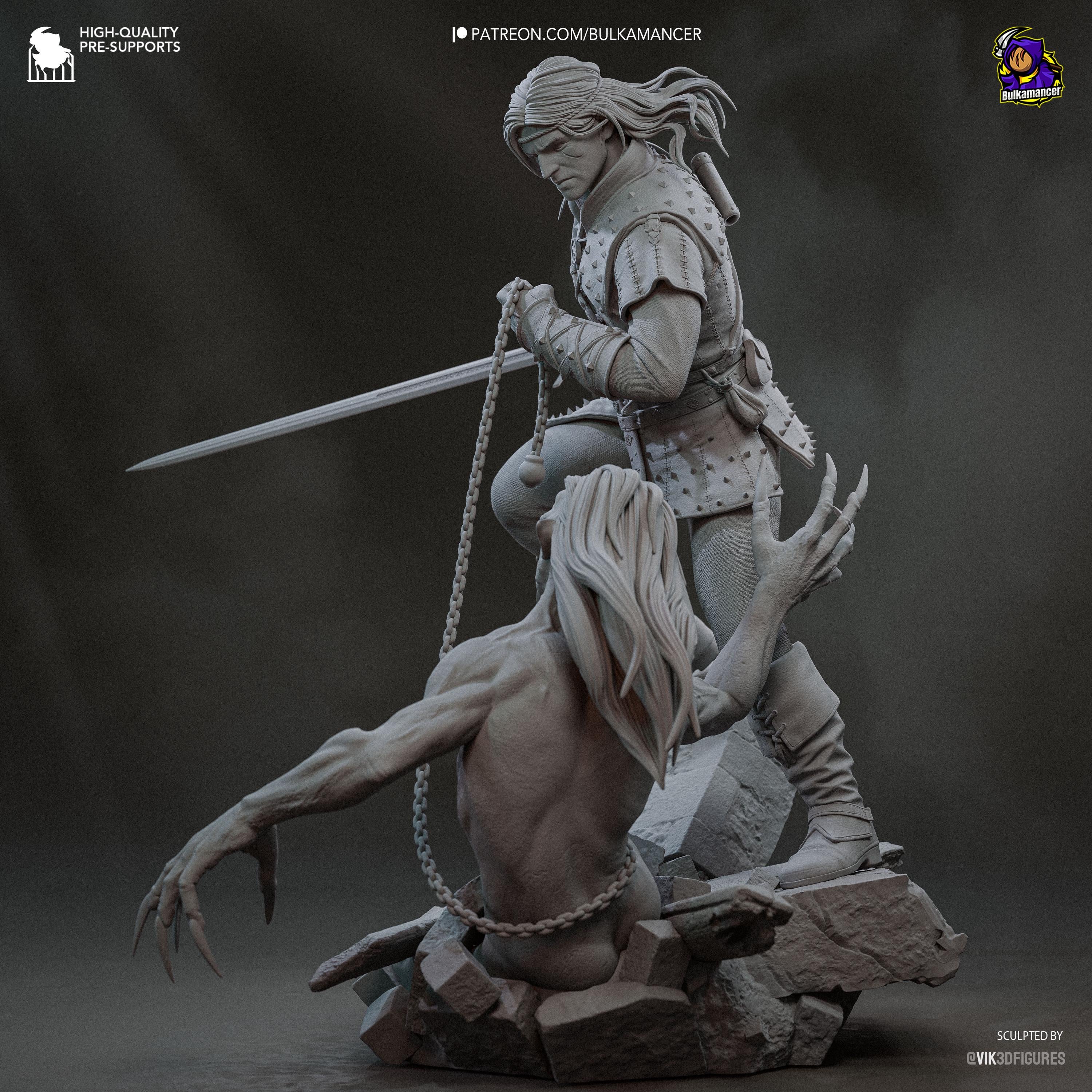 Diorama de escena de batalla inspirado en The Witcher Hunter | Estatua de fantasía pintada a mano | Maqueta de resina de coleccionista