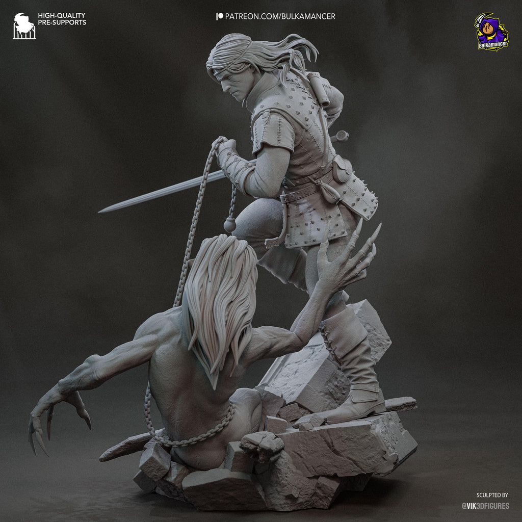 Diorama de escena de batalla inspirado en The Witcher Hunter | Estatua de fantasía pintada a mano | Maqueta de resina de coleccionista