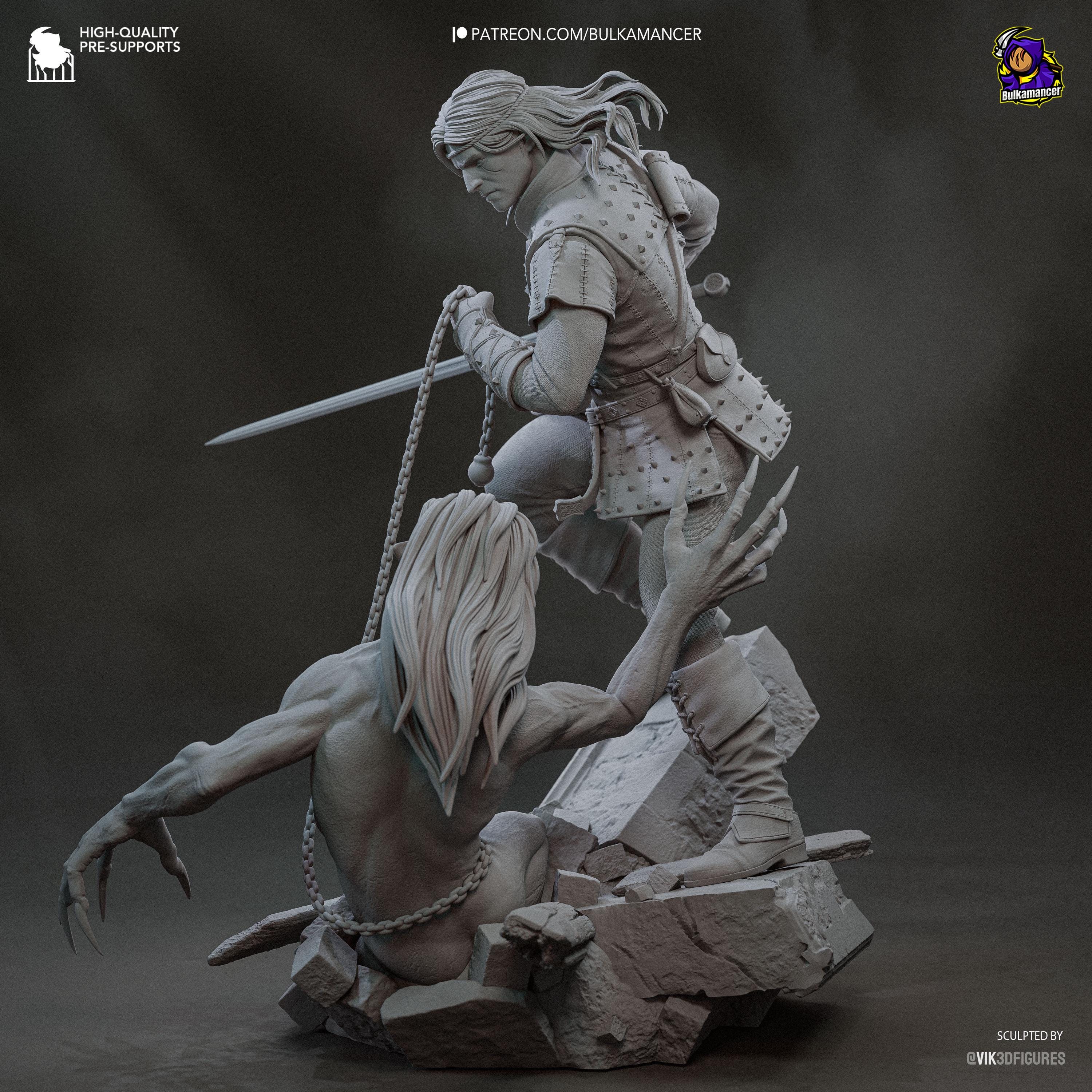 Diorama de escena de batalla inspirado en The Witcher Hunter | Estatua de fantasía pintada a mano | Maqueta de resina de coleccionista