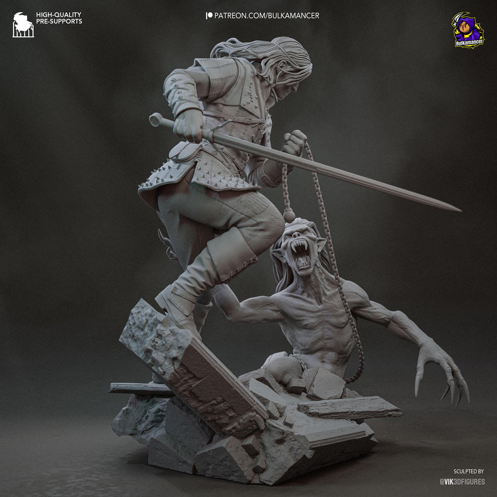 Diorama de escena de batalla inspirado en The Witcher Hunter | Estatua de fantasía pintada a mano | Maqueta de resina de coleccionista