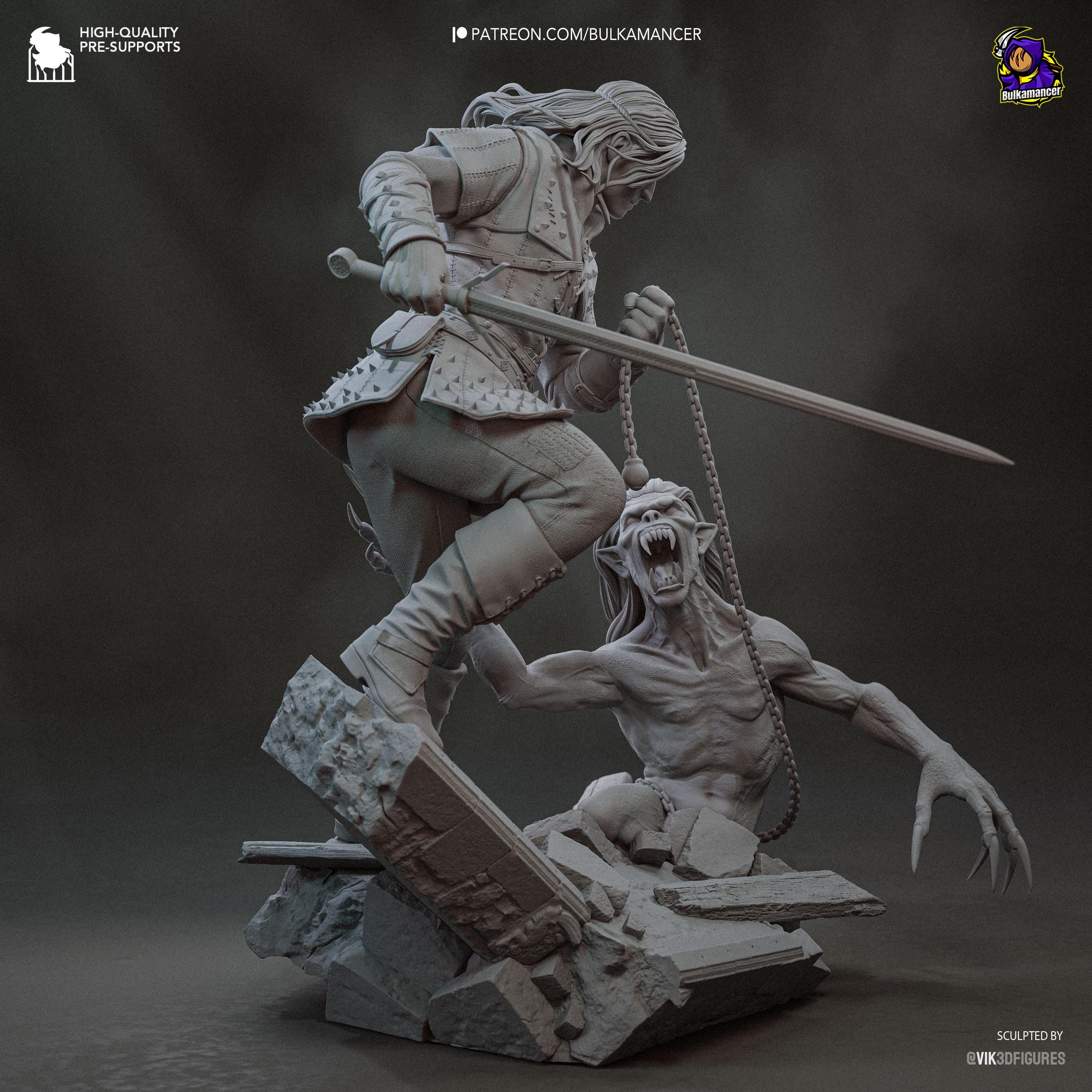Diorama de escena de batalla inspirado en The Witcher Hunter | Estatua de fantasía pintada a mano | Maqueta de resina de coleccionista