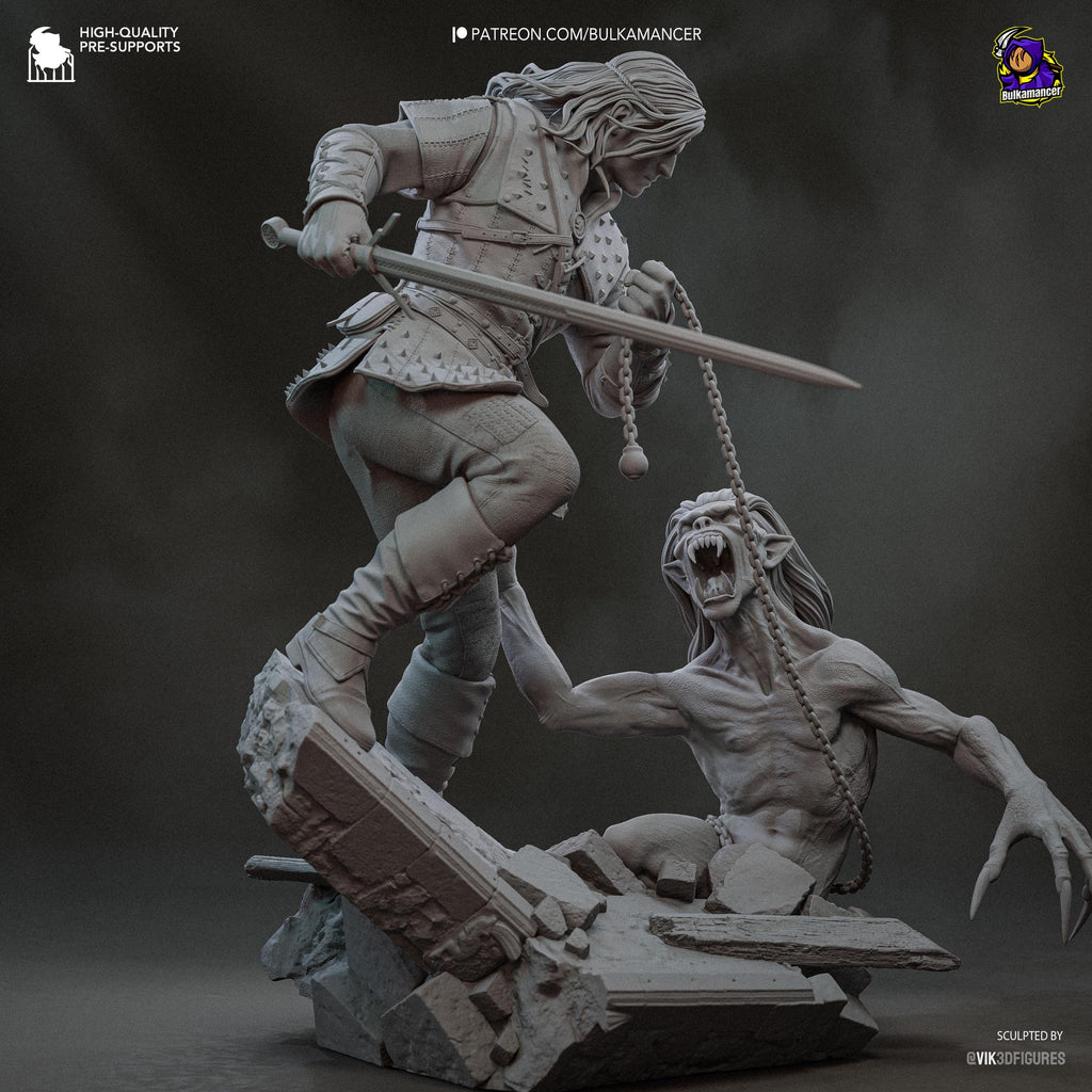 Diorama de escena de batalla inspirado en The Witcher Hunter | Estatua de fantasía pintada a mano | Maqueta de resina de coleccionista