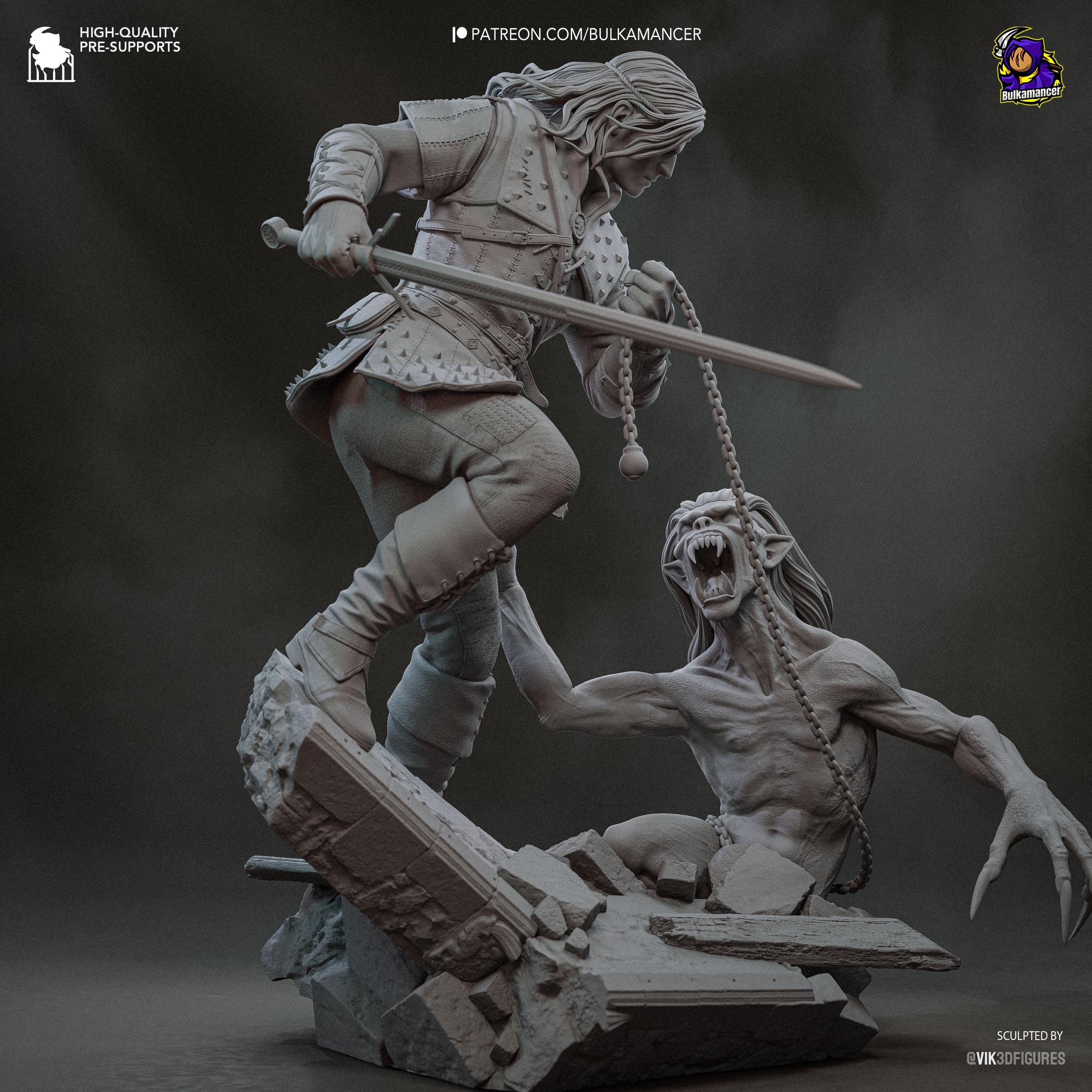 Diorama de escena de batalla inspirado en The Witcher Hunter | Estatua de fantasía pintada a mano | Maqueta de resina de coleccionista