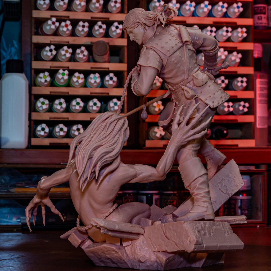 Diorama de escena de batalla inspirado en The Witcher Hunter | Estatua de fantasía pintada a mano | Maqueta de resina de coleccionista