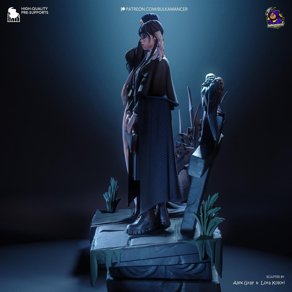 Morticia & Wednesday Diorama: Hand-Painted Gothic Resin Collectible