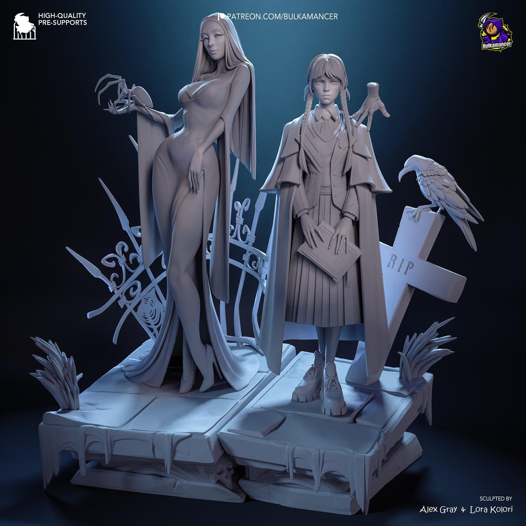 Morticia & Wednesday Diorama: Hand-Painted Gothic Resin Collectible