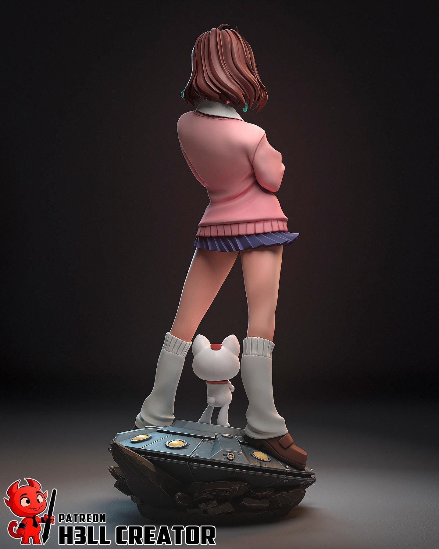 Anime Girl Diorama Statue / Momo Inspired Statue with Cat / Fan-Made Collectible Figure