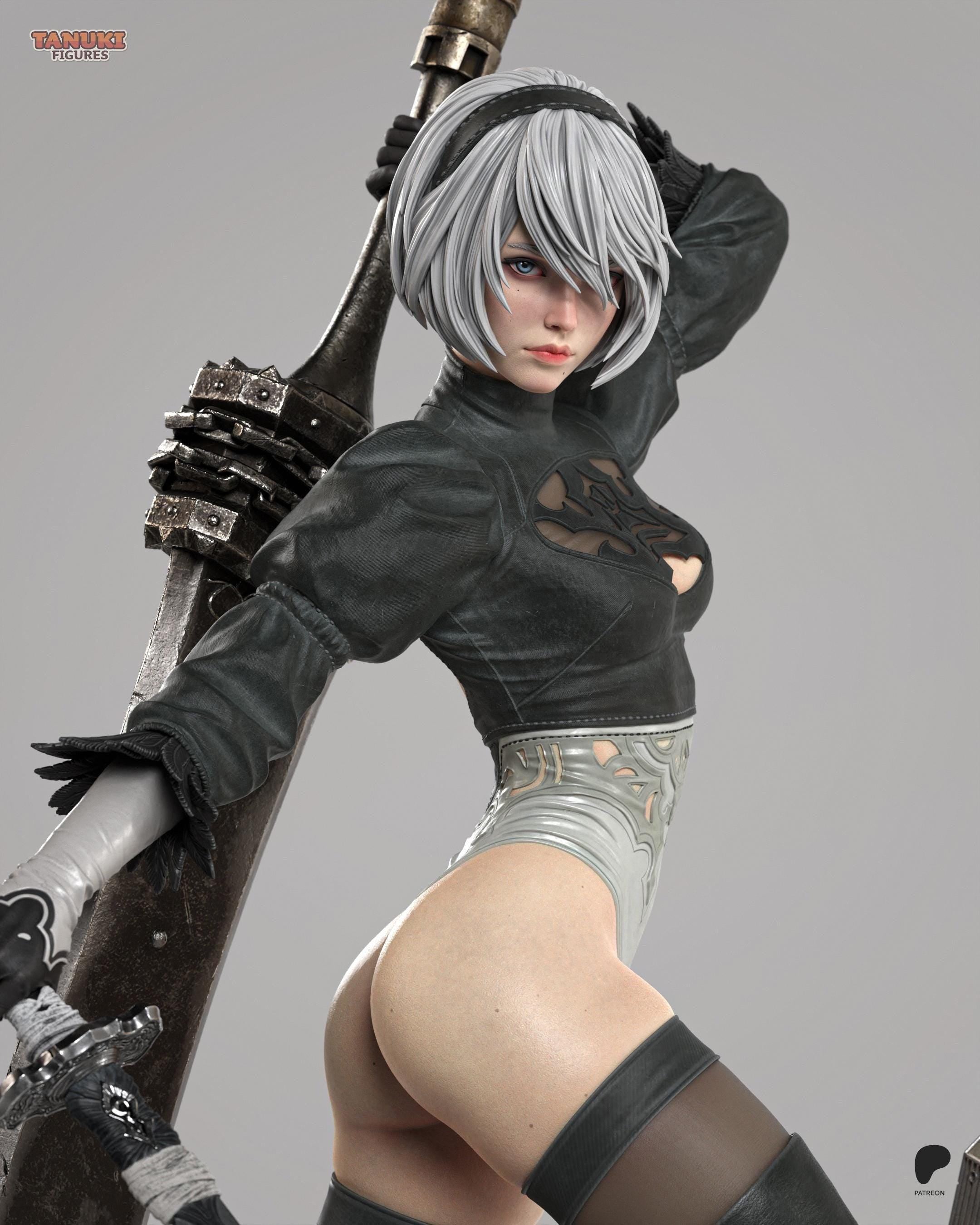 Hand-Painted 2B Android Warrior Statue: Anime Figure with Sword