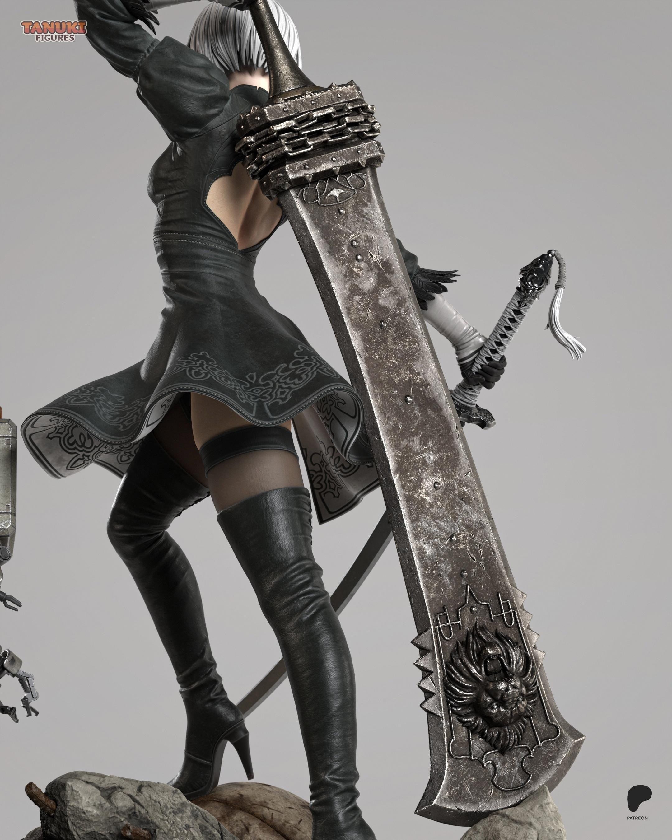 Hand-Painted 2B Android Warrior Statue: Anime Figure with Sword