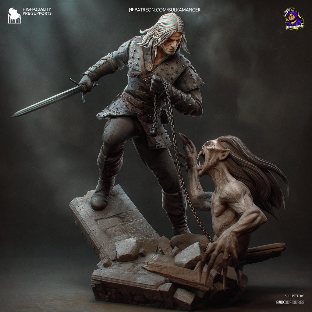 Diorama de escena de batalla inspirado en The Witcher Hunter | Estatua de fantasía pintada a mano | Maqueta de resina de coleccionista