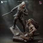 Diorama de escena de batalla inspirado en The Witcher Hunter | Estatua de fantasía pintada a mano | Maqueta de resina de coleccionista