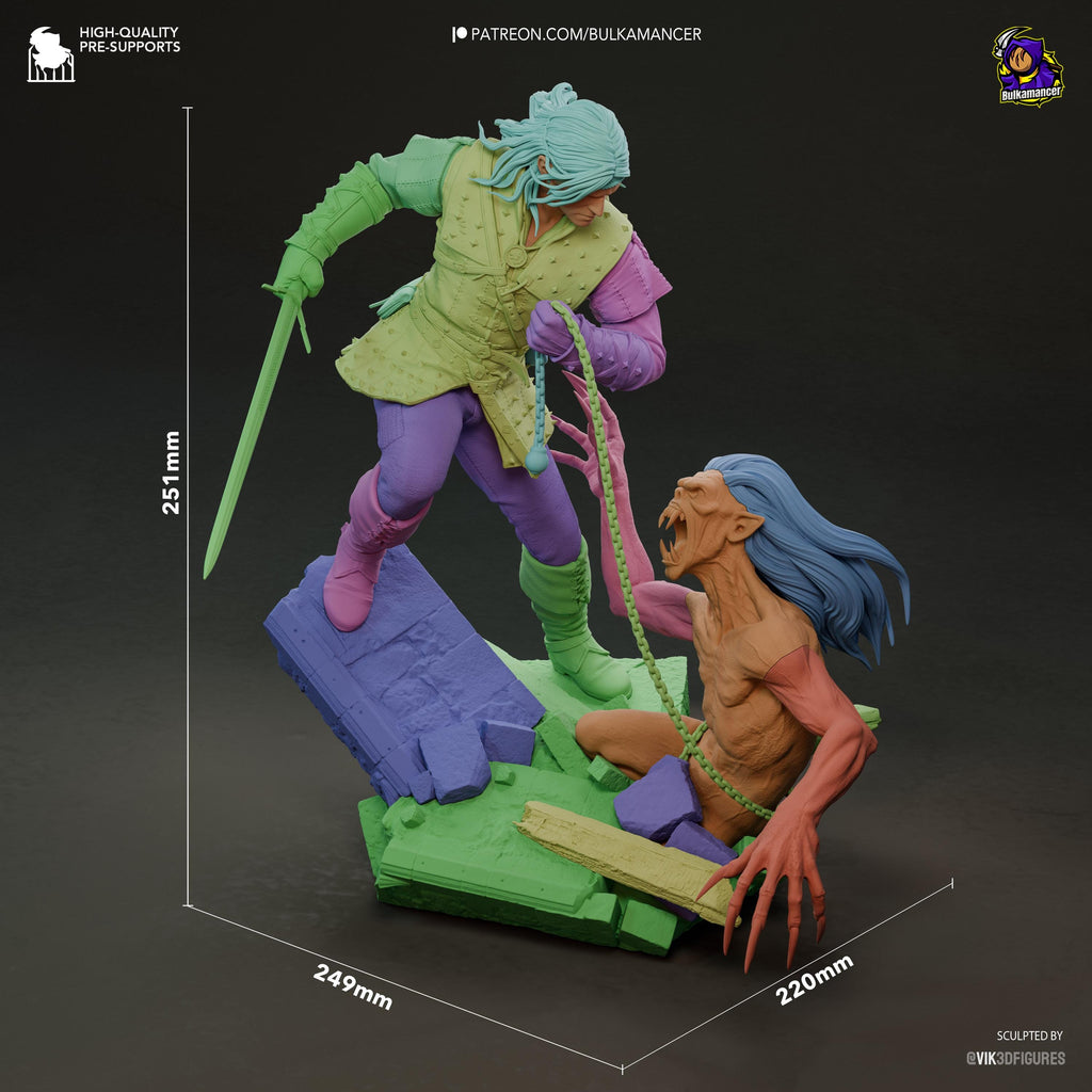 Diorama de escena de batalla inspirado en The Witcher Hunter | Estatua de fantasía pintada a mano | Maqueta de resina de coleccionista