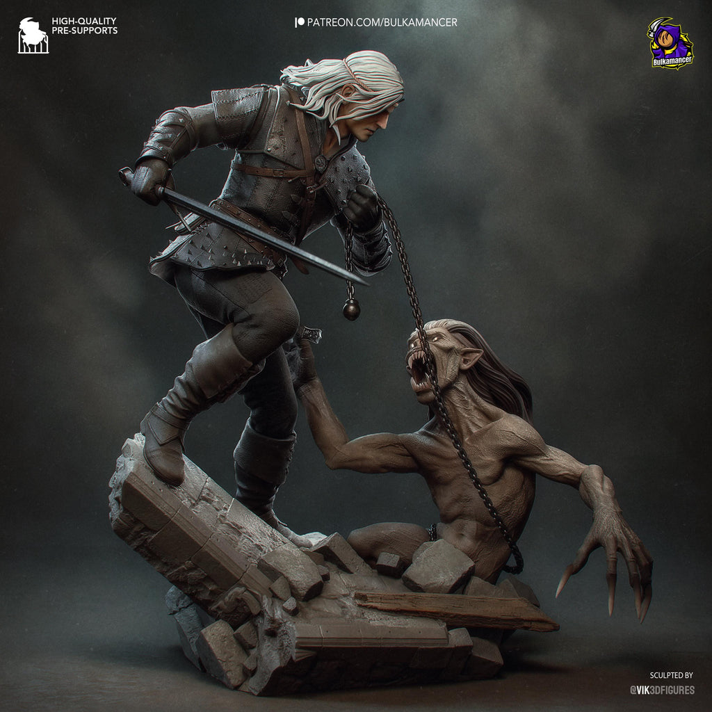 Diorama de escena de batalla inspirado en The Witcher Hunter | Estatua de fantasía pintada a mano | Maqueta de resina de coleccionista
