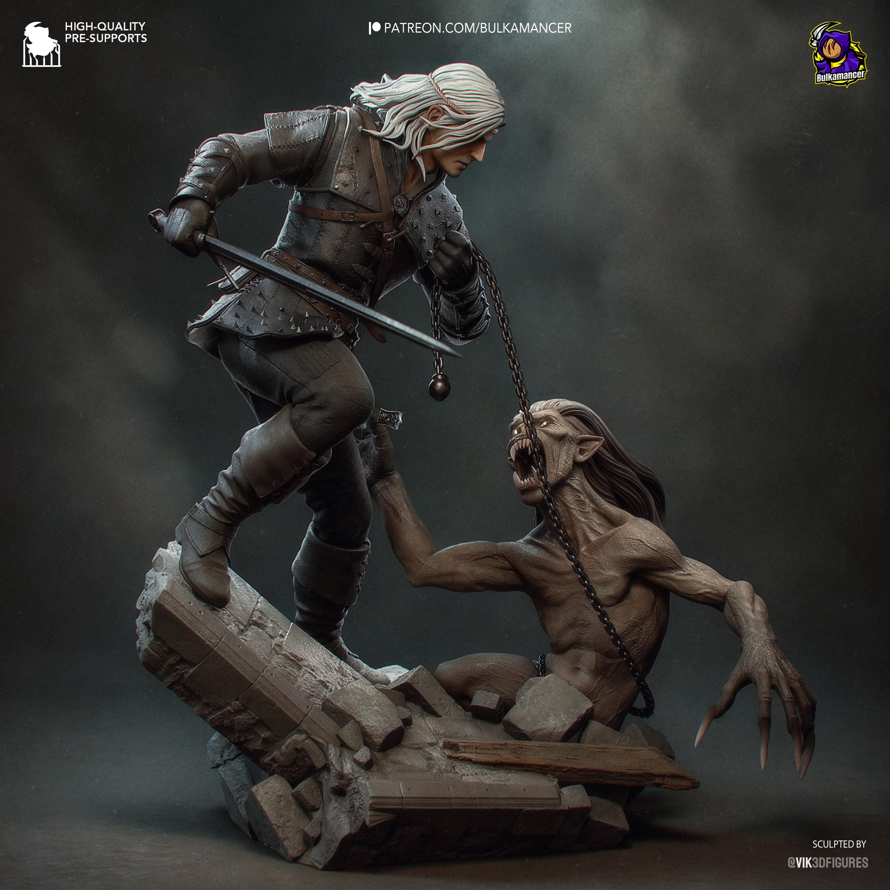 Diorama de escena de batalla inspirado en The Witcher Hunter | Estatua de fantasía pintada a mano | Maqueta de resina de coleccionista